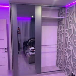 Шкаф-купе с фасадами из зеркала Графит и пескоструйной обработкой в системе раздвижения от Modus