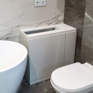 Узкая компактная тумба под раковину светло-серого цвета для ванной комнаты