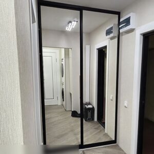 Зеркальный шкаф-купе до потолка в черном профиле в нише в прихожей комнате у входной двери